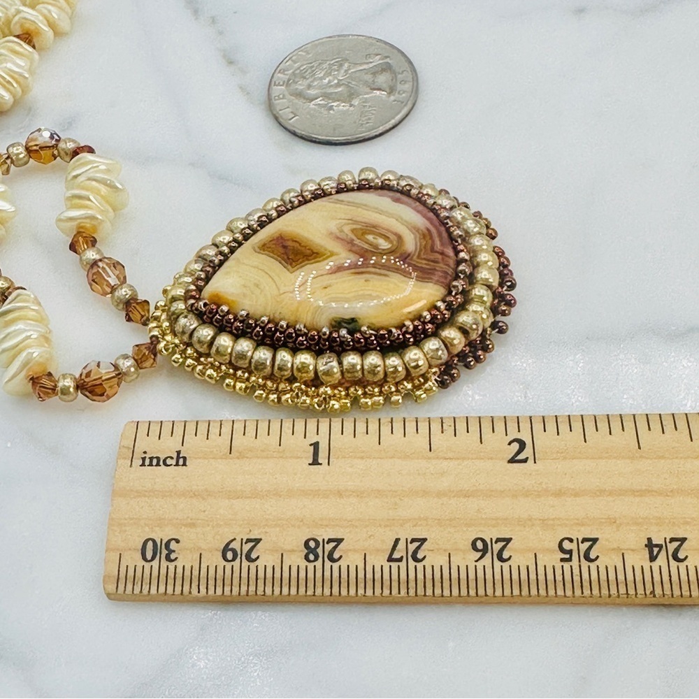Vintage Stone Pendant Necklace Embroidery Bead Edge Leather Back 25” Long 70s - Picture 9 of 10